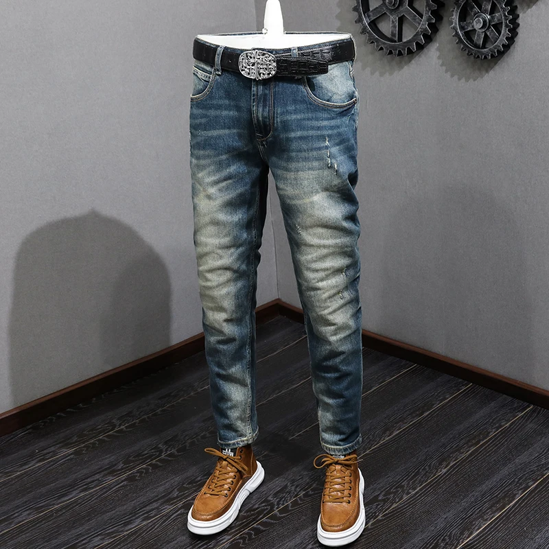 

Newly Fashion Vintage Men Jeans Blue Color High Quality Stretch Slim Ripped Jeans Men Retro Designer Casual Denim Pants Hombre