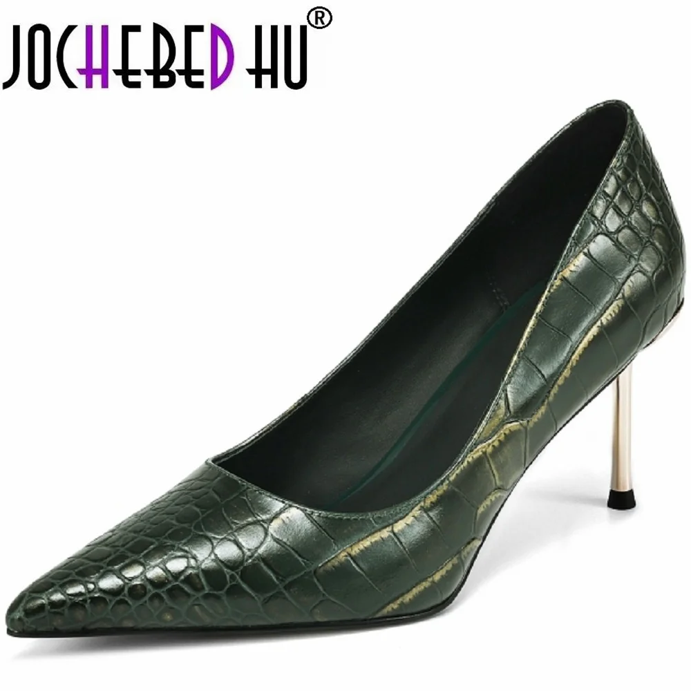 

【JOCHEBED HU】Brand Genuine Leather High Heels Pumps Women Pointed Toe Shoes Classics Crocodile Dress Shoes New Single Shoes