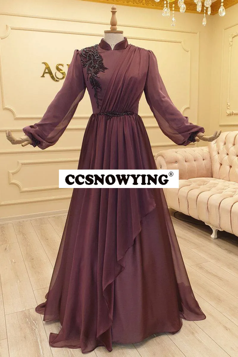 

Burgundy Long Sleeve Muslim Evening Dress Hijab Prom Formal Party Gown High Neck A Line Chiffon Appliques Moroccan Caftan