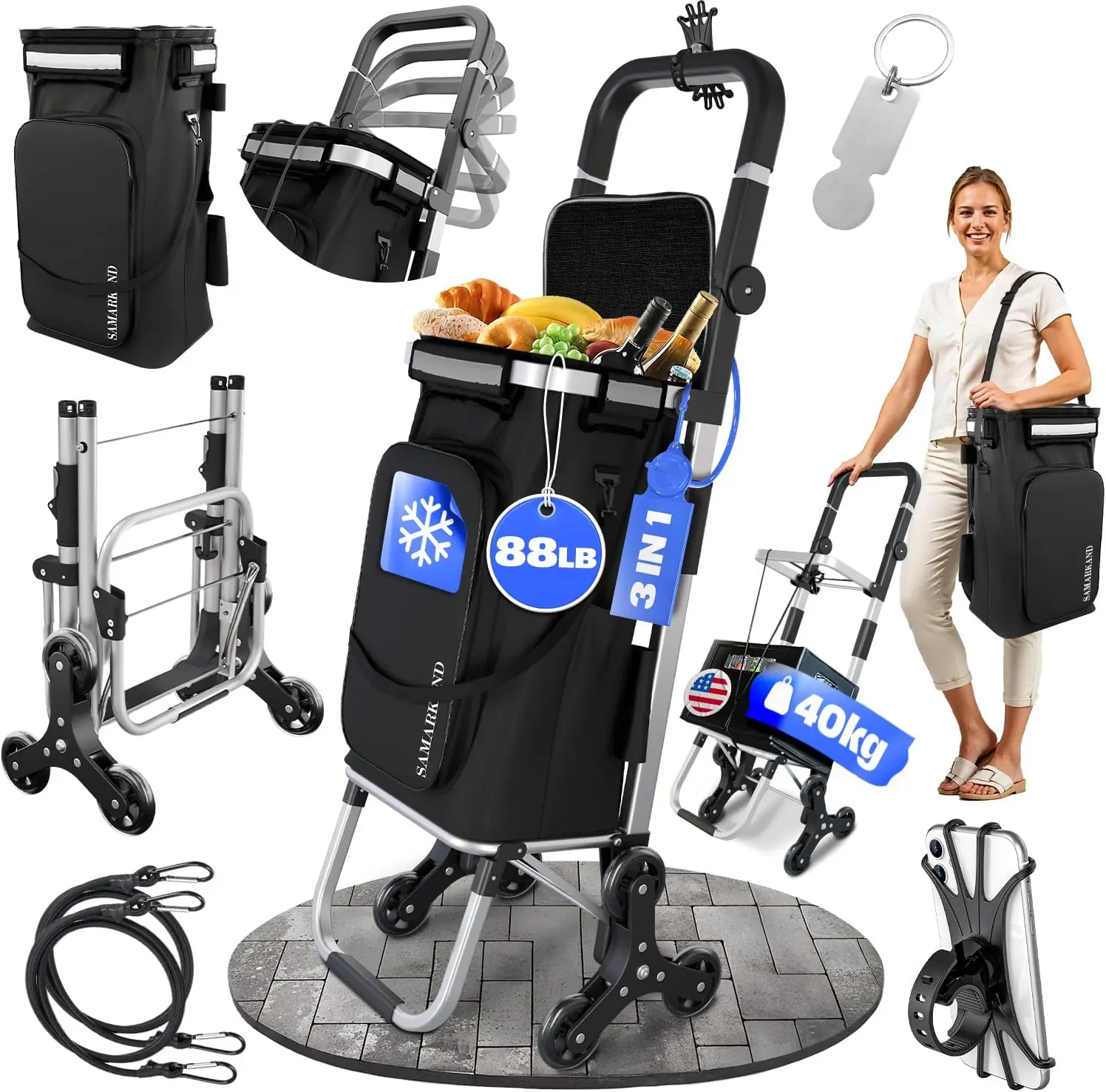 

Складная тележка для покупок на колесах, водонепроницаемая, грузоподъемность 88 фунтов, с держателем для телефона и эластичными веревками для шопинга