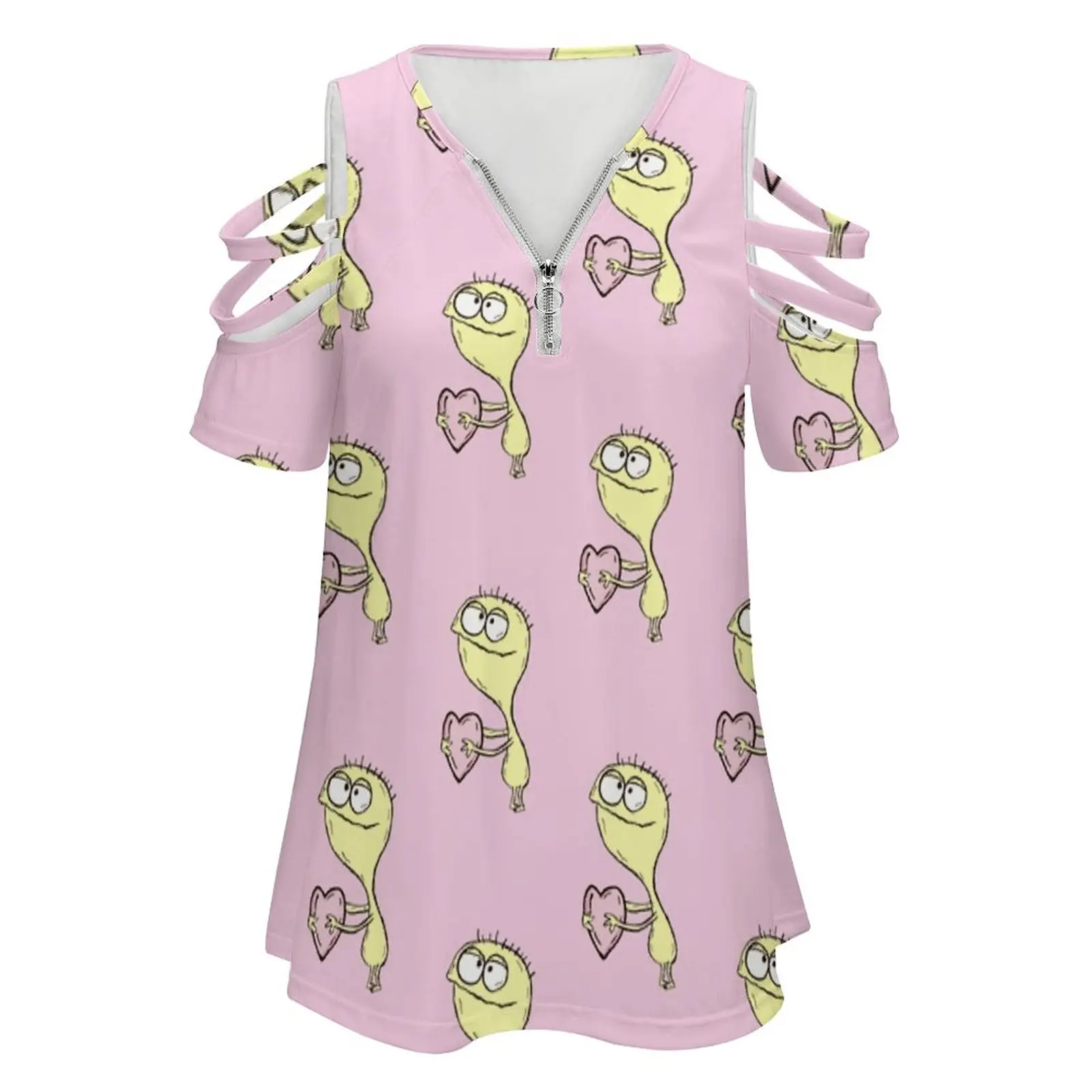 Cheese With Heart | Foster's Home For Imaginary Friends Women's T-Shirt Summer Fashion Print Floral V-Neck Zipper Tshirt Hollow