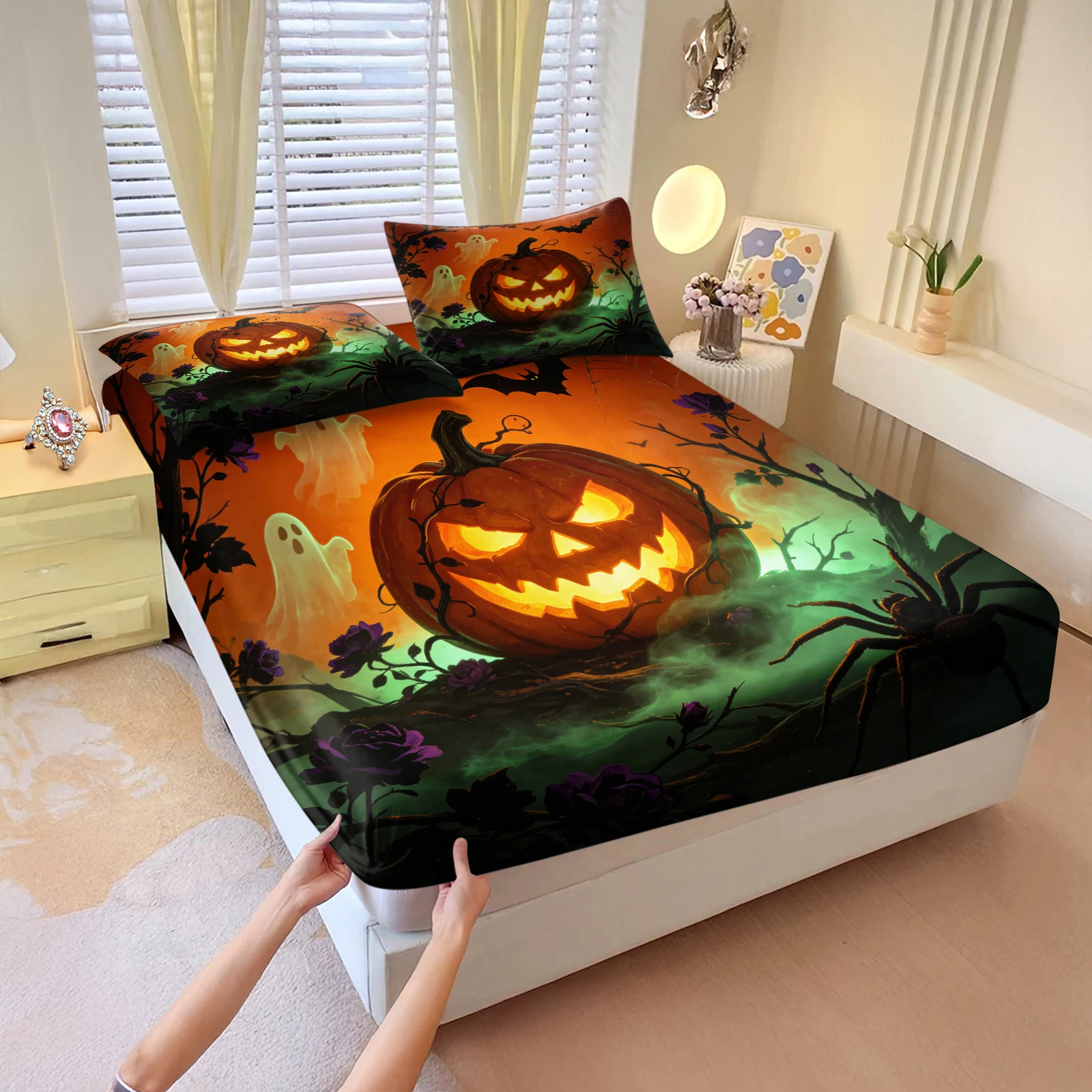 Bed Sheet Microfiber - Halloween Pumpkin Ghost Spider Fitted Sheet