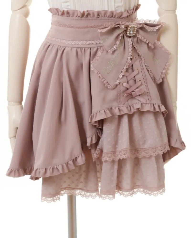 

Lace Up Bow Irregular Lace Patchwork Skirts Sweet Lovely Fungus High Waist Faldas Japan All-match Slim Exquisite Fresh Skirts