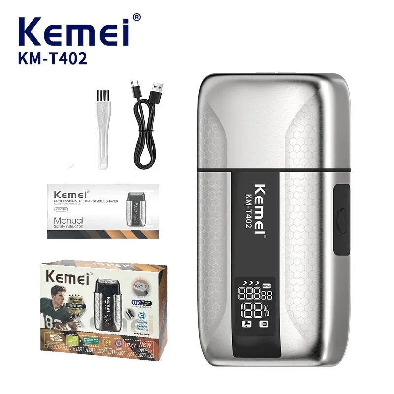 

Kemei T402 UV-Disinfecting Metal Double-Foil Shavers Professional Barber Reciprocating Razor for Men Bald Head Shaving Machine