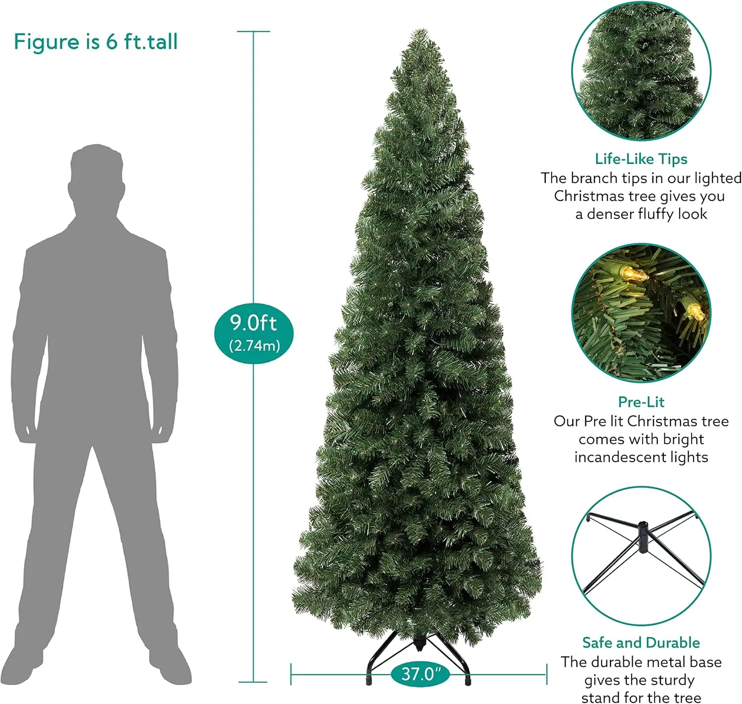 9ft Prelit Slim Artificial Christmas Tree with 1455 Branch Tips, 500 Warm Lights and Metal Stand, 37