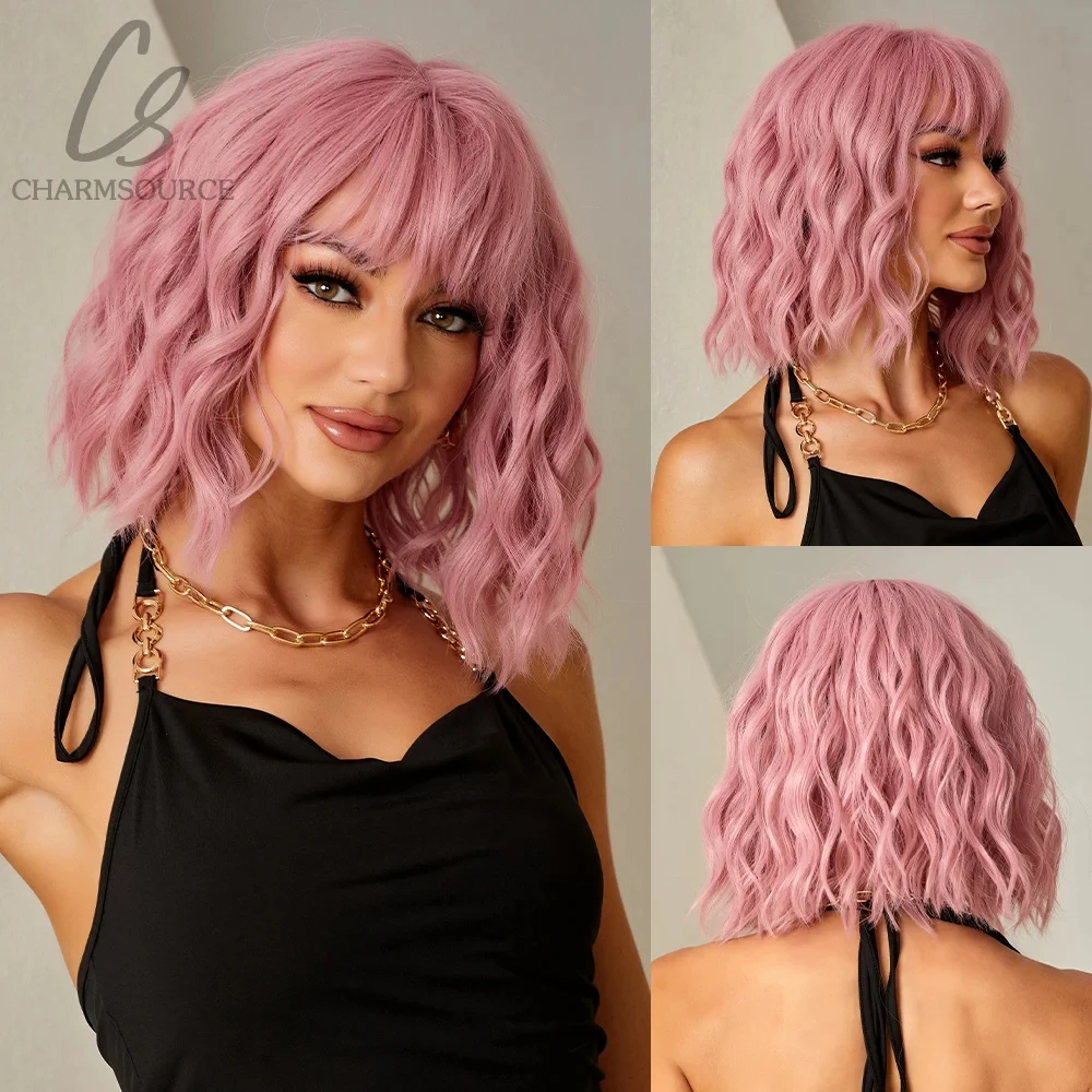 CharmSoure Pink Short Wavy Cosplay Lolita Wigs with Curly Bangs Natural Bob Synthetic Hair Wig for Women Heat Resistant Hair