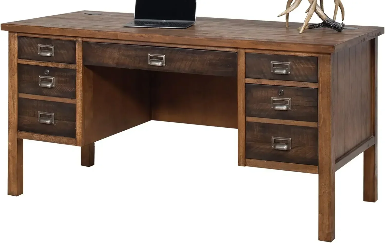 

Heritage Half Pedestal Desk, Rough sawn texture with Hand applied hickory Finish on poplar solids & veneers, Two utility drawers