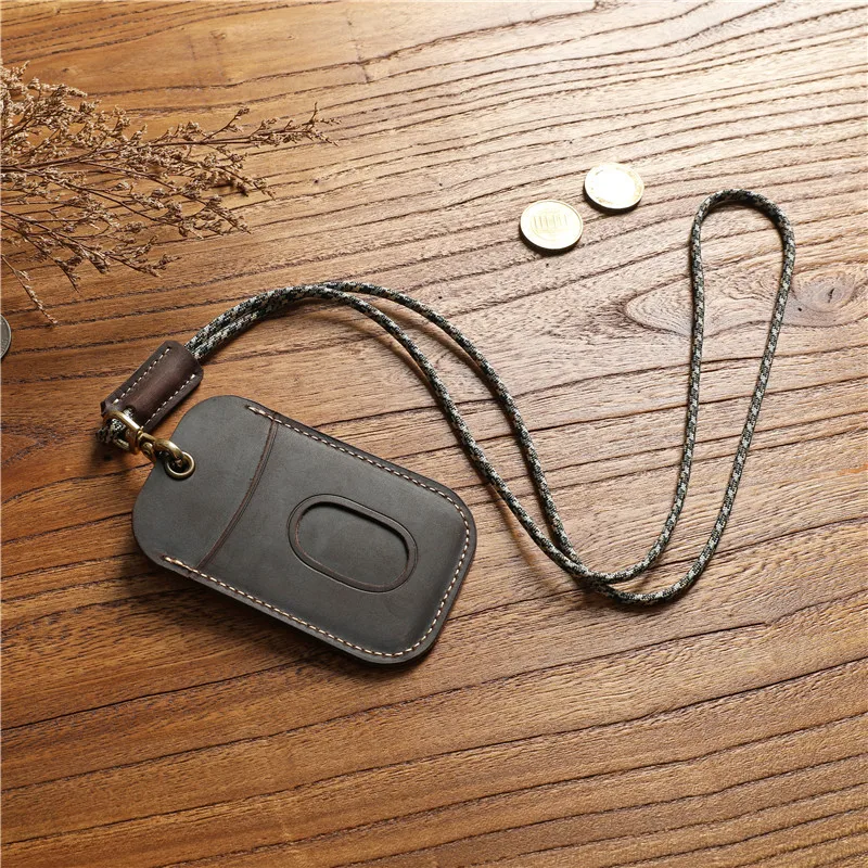 

Genuine Leather Badge Holder For Men Women Vintage Handmade Original Cowhide ID Employee Work Bus Card Case Cover With Lanyard