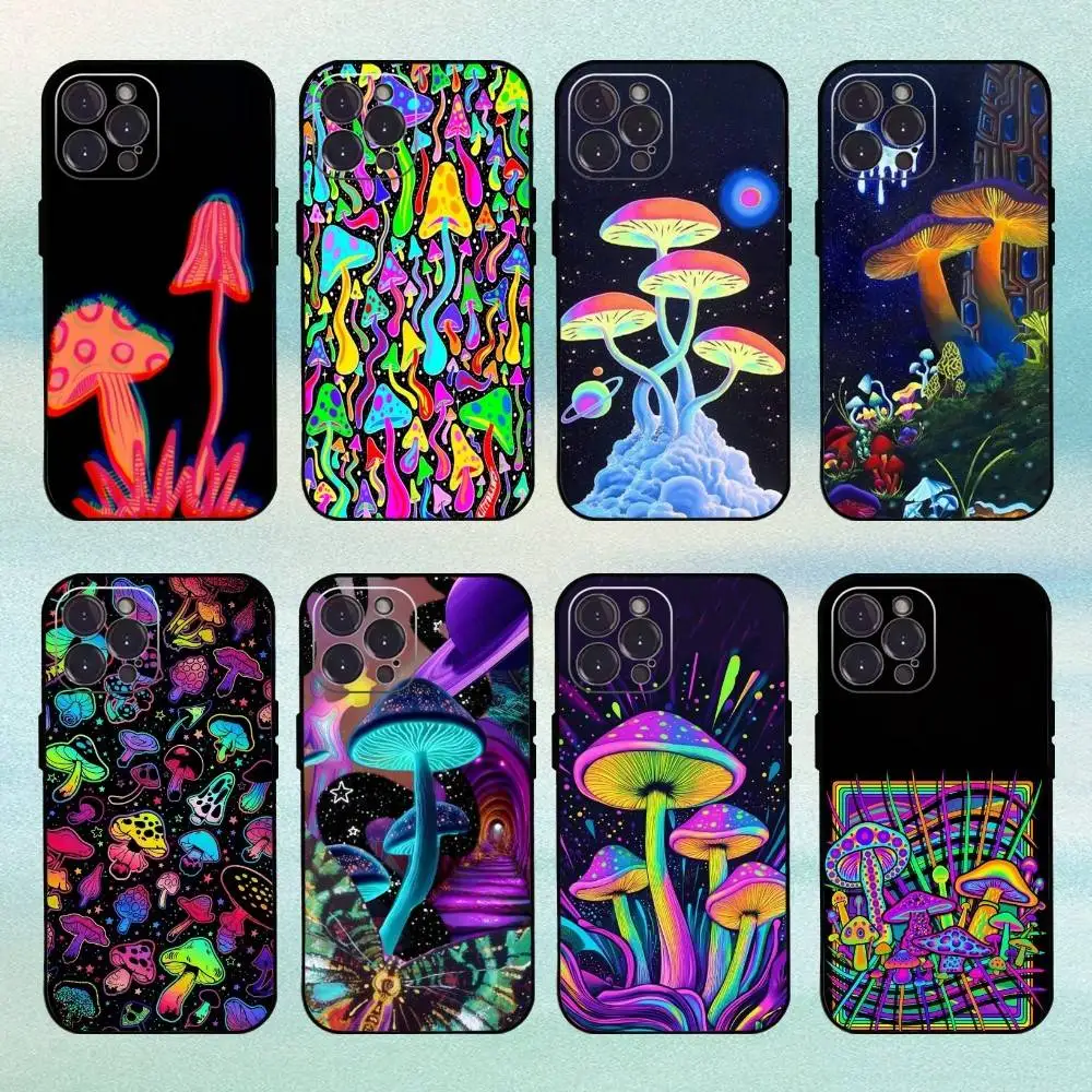 

Psychedelic Colored Mushroom Phone Case For iPhone 16 15 14 13 12 11 Pro Max Plus,5G Soft Black Case