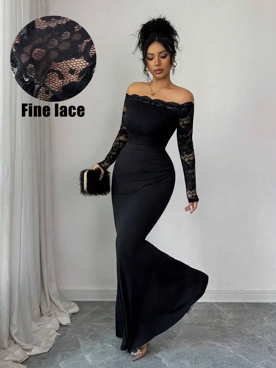 

Черное кружевное платье-русалка с открытыми плечами и длинными рукавами, облегающее трикотажное вечернее платье