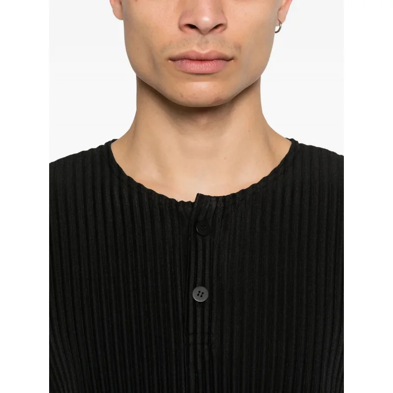 Miyake Pleated Men's Henley Neck Long Sleeve T Shirt Japanese Style Plisse Casual Top Loose Fit Minimalist Streetwear Fashion