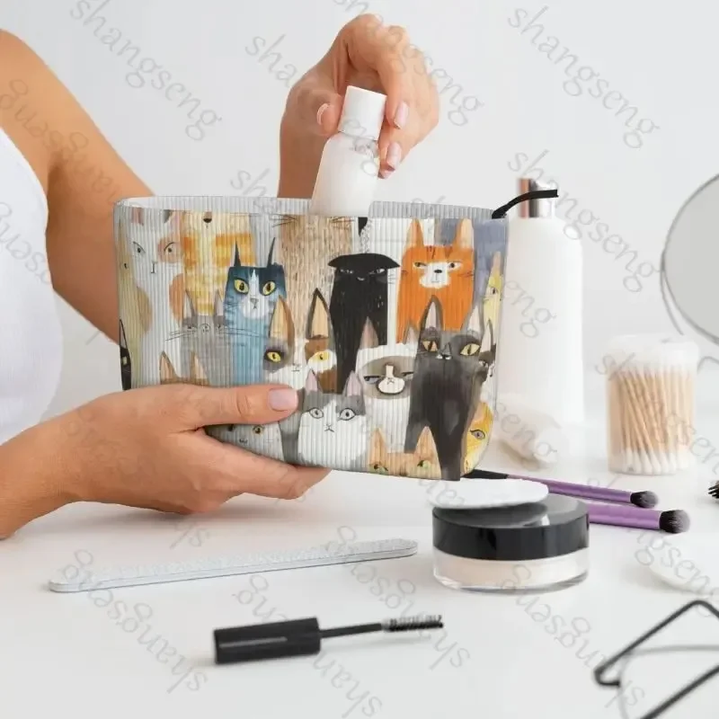 Cartoon Anime Cat Corduroy cosmetic bag portable travel toiletries bag, beauty makeup skin care sundries storage bag printing