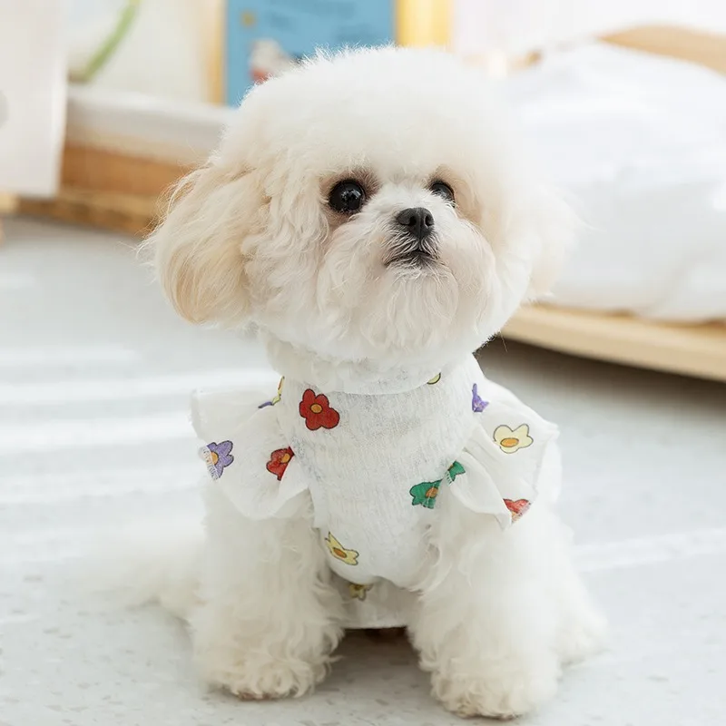 White Puppy Dress Spring Summer Teddy Pullover Cute Flower Pattern Bichon Skirt Pet Fashion Clothes with Leash Buckle