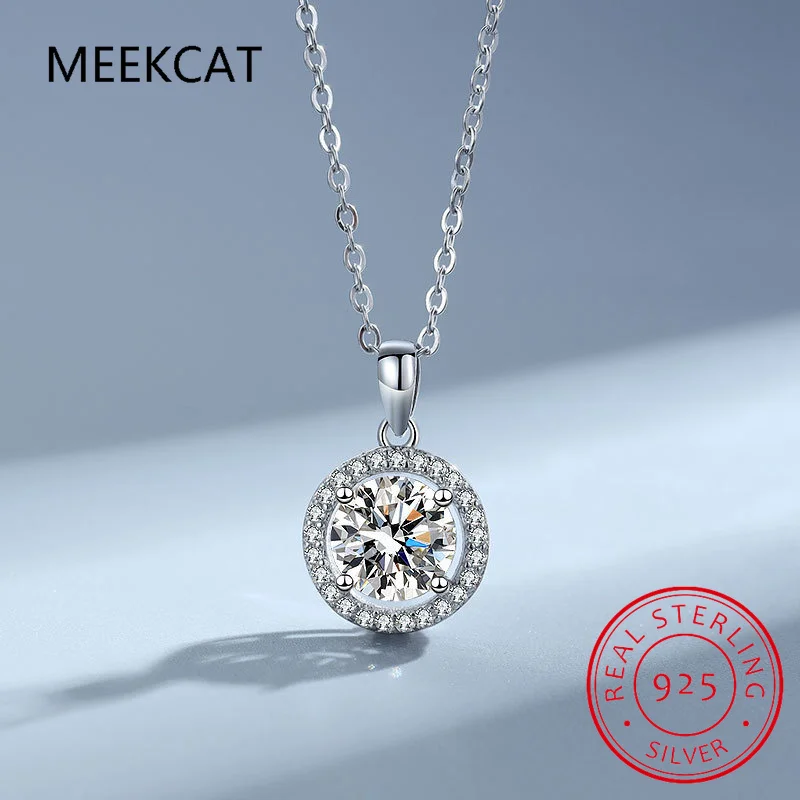 

925 Sterling Silver Round Halo Moissanite Necklace, White Gold Plated Classic Elegant Necklace Engagement Jewellry Gift MSN046