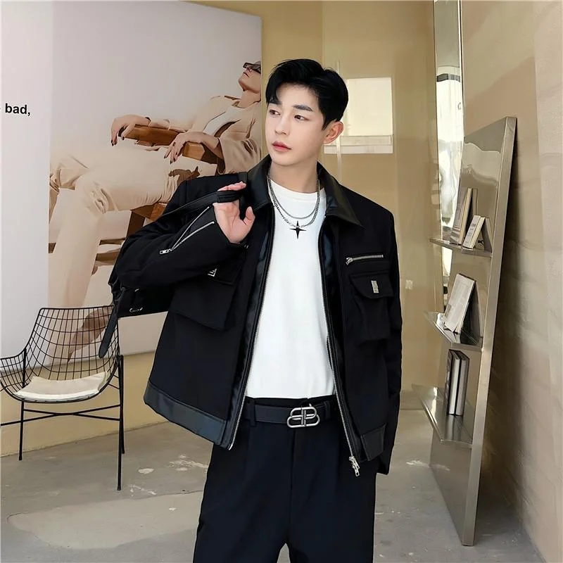 

Fall Autumn ort Men's Workwear Jaet Patchwork Leather Design Korean Sle High-End Feeling Cool And Haome Woolen Coat