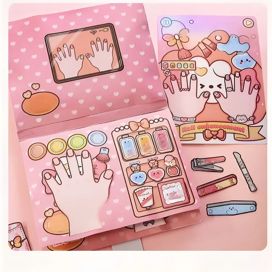 Pink Children DIY Nail Salon Quiet Cut Sticker Book Pretend Manicure Toy Unfinished Handcraft Gift Sim Nail Art Scene Craft Book
