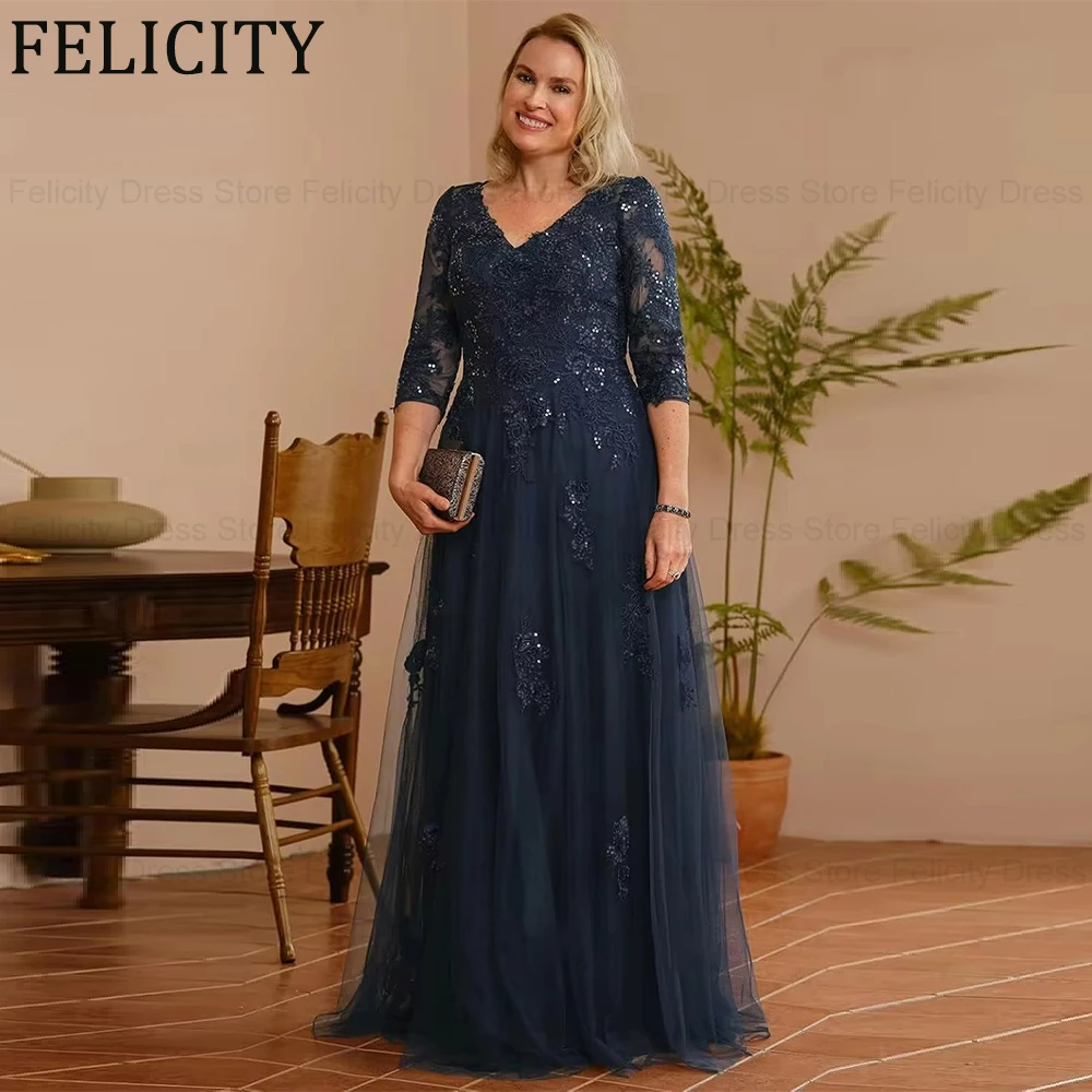 FELICITY Customized Luxury Plus Size Mother of the Bride Dress A-Line V-Neck Applique Sequins Wedding Guest Dress Evening Gownss
