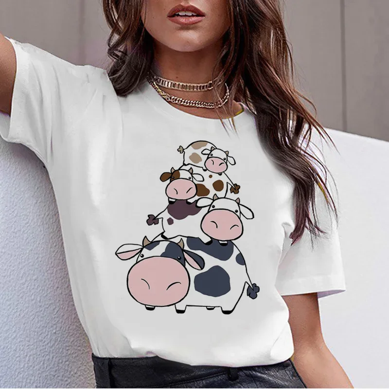 Camiseta com estampa gráfica unissex de vaca cartoon, gola redonda, camiseta kawaii para mulheres, harajuku, roupa coreana Ulzzang, casual anos 90