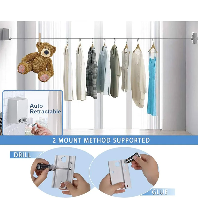 Retractable Clothesline Stainless Seel Pull Out Clothes Drying Machine Rope Wall Cloth Dryer Line Extendable Clothes Drying Wire