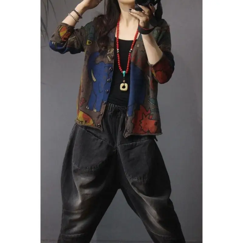 Vintage Printed Button Loose Casual Cardigan Sweaters Women's Clothing 2023 Autumn Winter Oversized Knitted All-match Tops