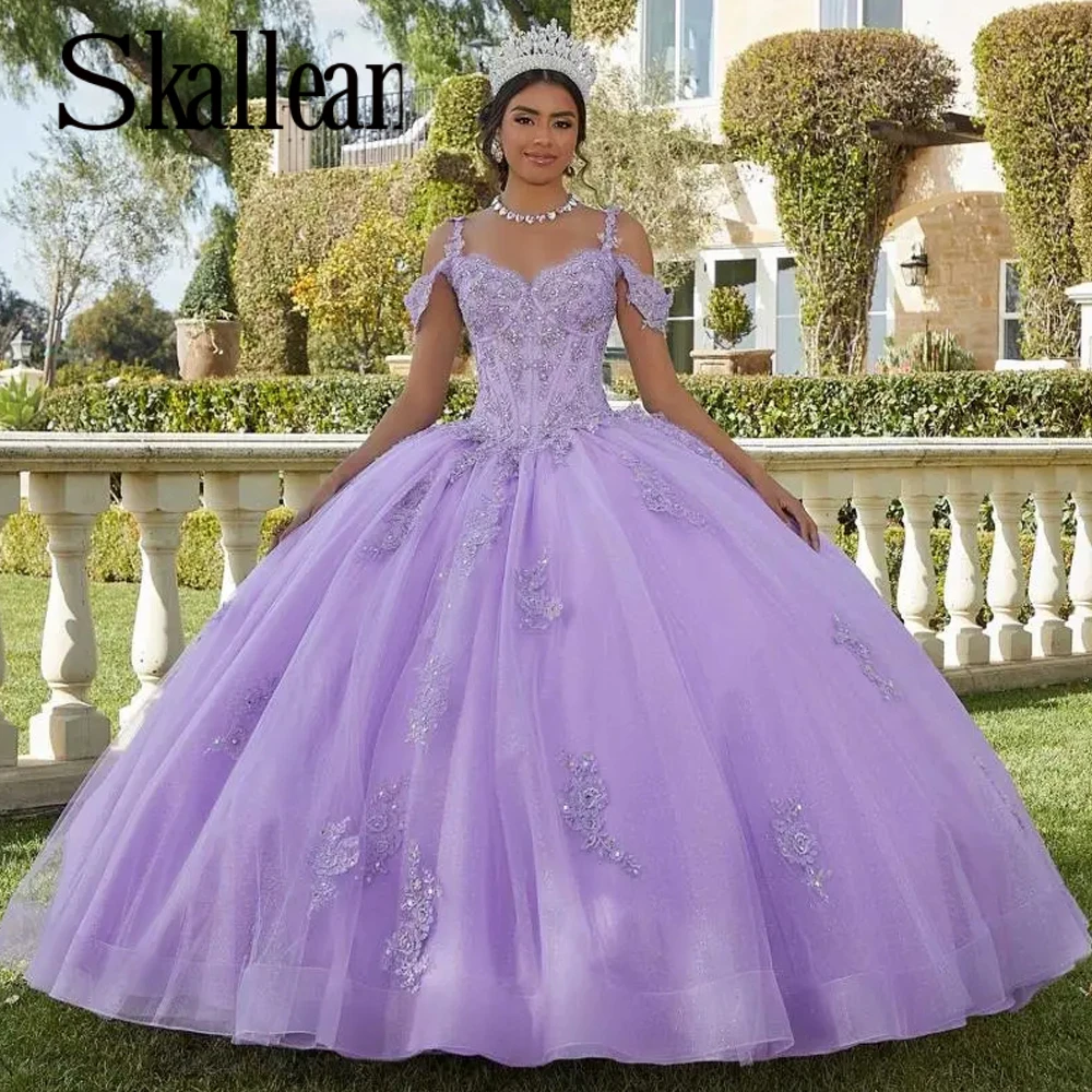 Skallean Charming Diamonds Ball Gown Quinceanera Dresses for Women Pleat Draped Appliques Vestido De 15 Quinceañeras Morado Made