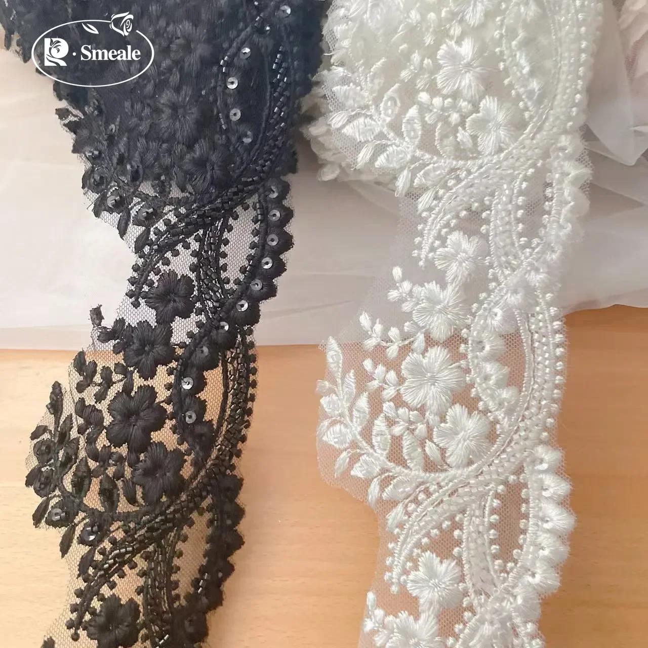 Finiture in pizzo con perline di alta qualità per tubazioni sul bordo del velo da sposa, accessori fai da te, abbigliamento fatto a mano, accessori in bianco nero e latte
