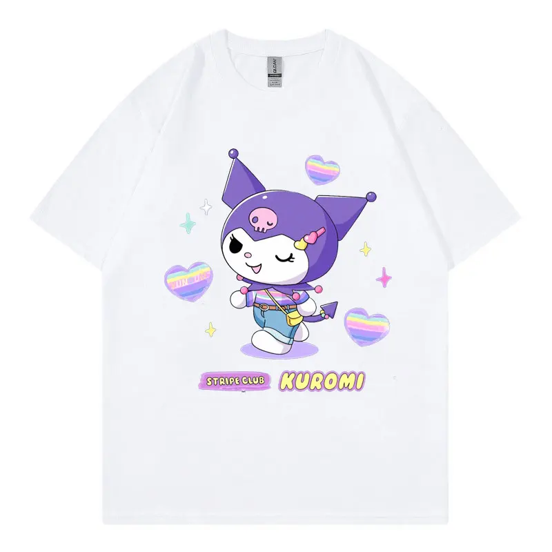 Kuromi Kawaii Women T-shirt Summer 2024 New Short Sleeve 100% Cotton Men Tee Shirt Tops Cartoon Anime Couple Oversized Clothing