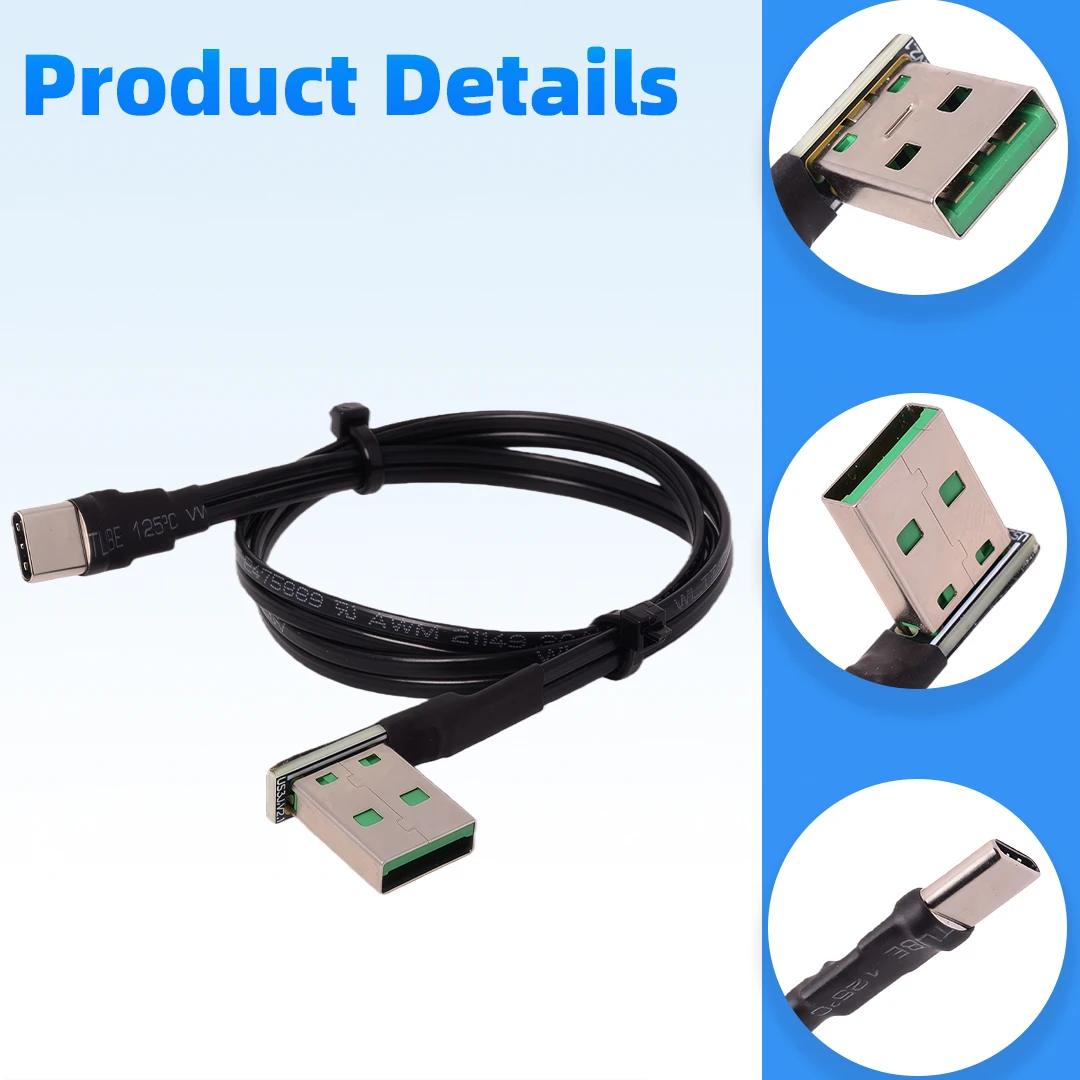 USB 2.0 Type-A To Type-C Flat Charging Data Cable 90 Degree Angle 480Mbps 5A 0.03m-10m Customized Length Support High Current
