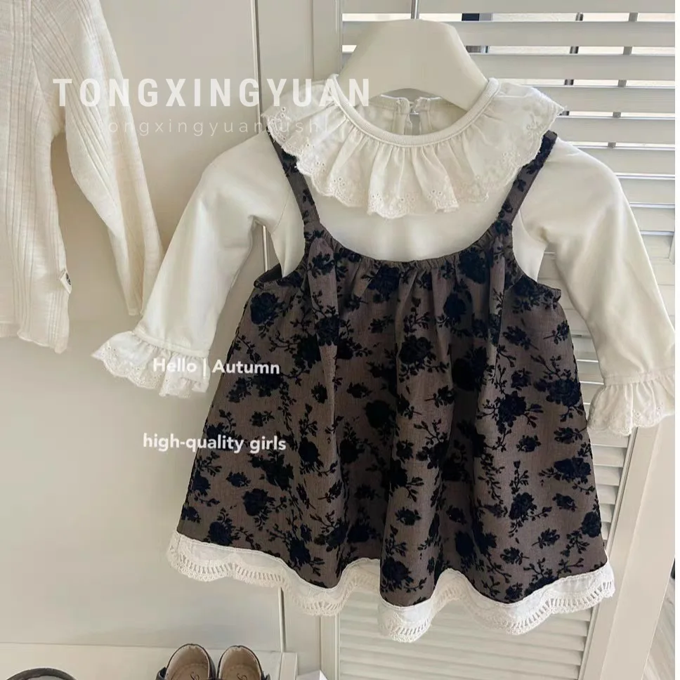 Girls Autumn Retro Rose Dress Lace Collar Long Sleeve Bottom Shirt Baby Girl Spring and Autumn Two-piece Set
