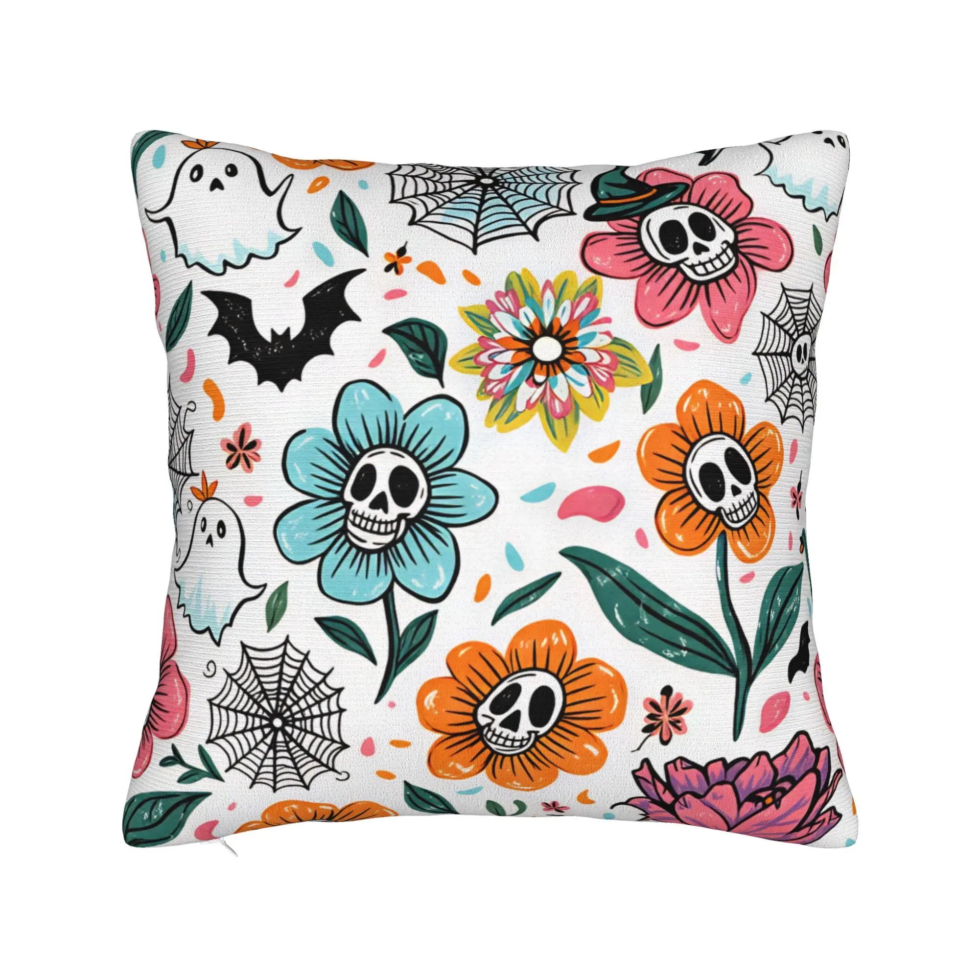 Halloween Skeleton Flower Pillow Cover  Comfy Cushion Cover Retro Trendy Pillow Case For Living Room Chair