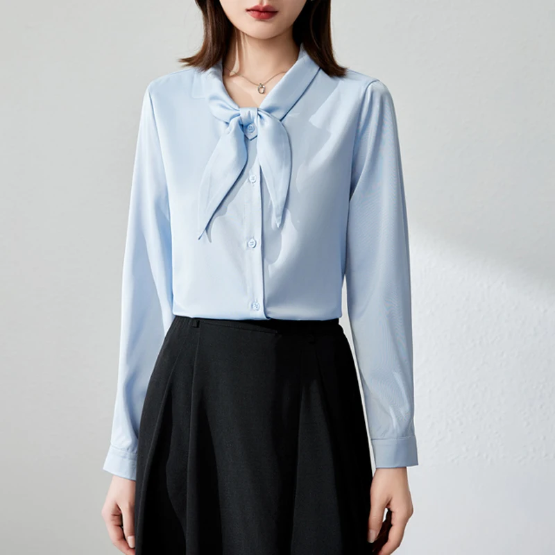 

Female Elegant Shirt Women's Solid Color Long Sleeve Business Bow Ribbon Blouse Women Slim Tops for Work