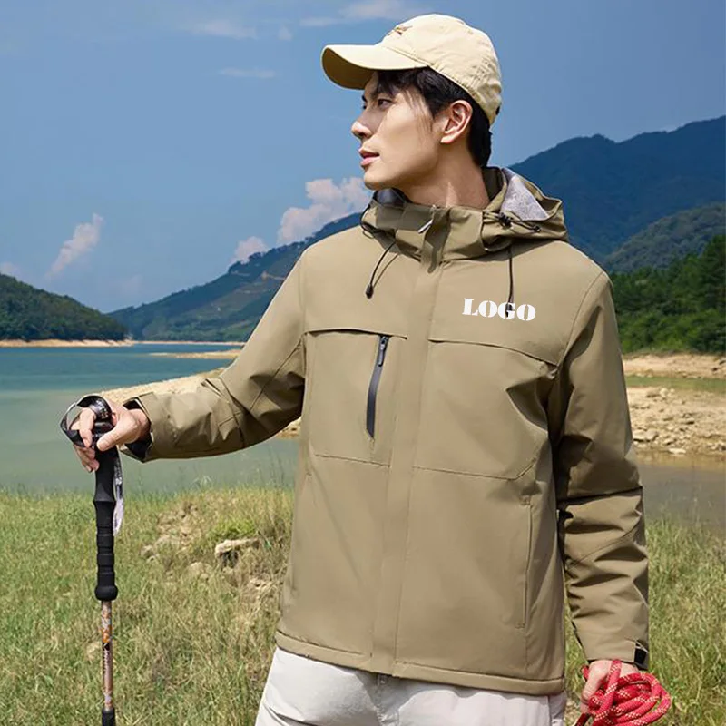 Logo gratuito personalizza giacca termica resistente - Cappotto foderato in pile con cappuccio staccabile, fodera in peluche a doppio tessuto 75D invernale all'aperto