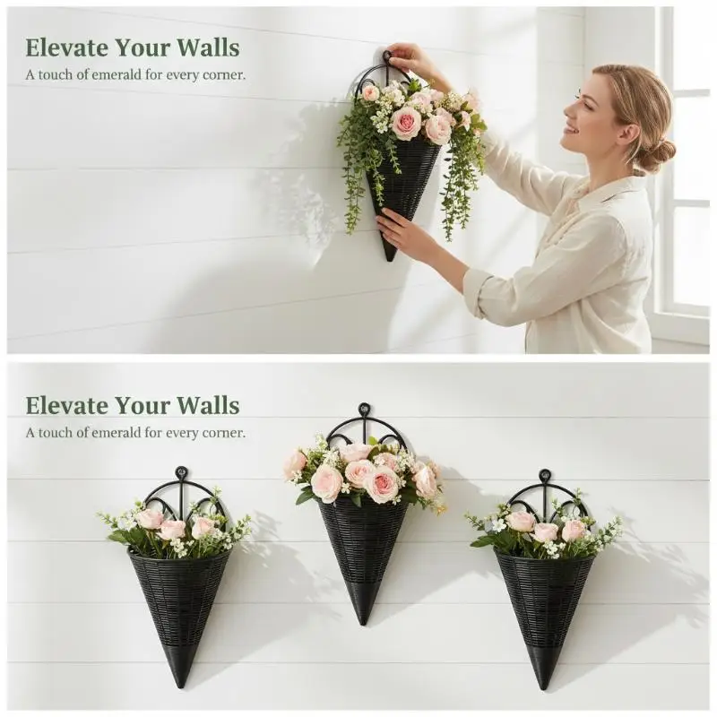Hanging Cone Wall Planter Basket Weather Resistant Imitation Rattan Multi Color for Patio Porch Garden Wall Decor