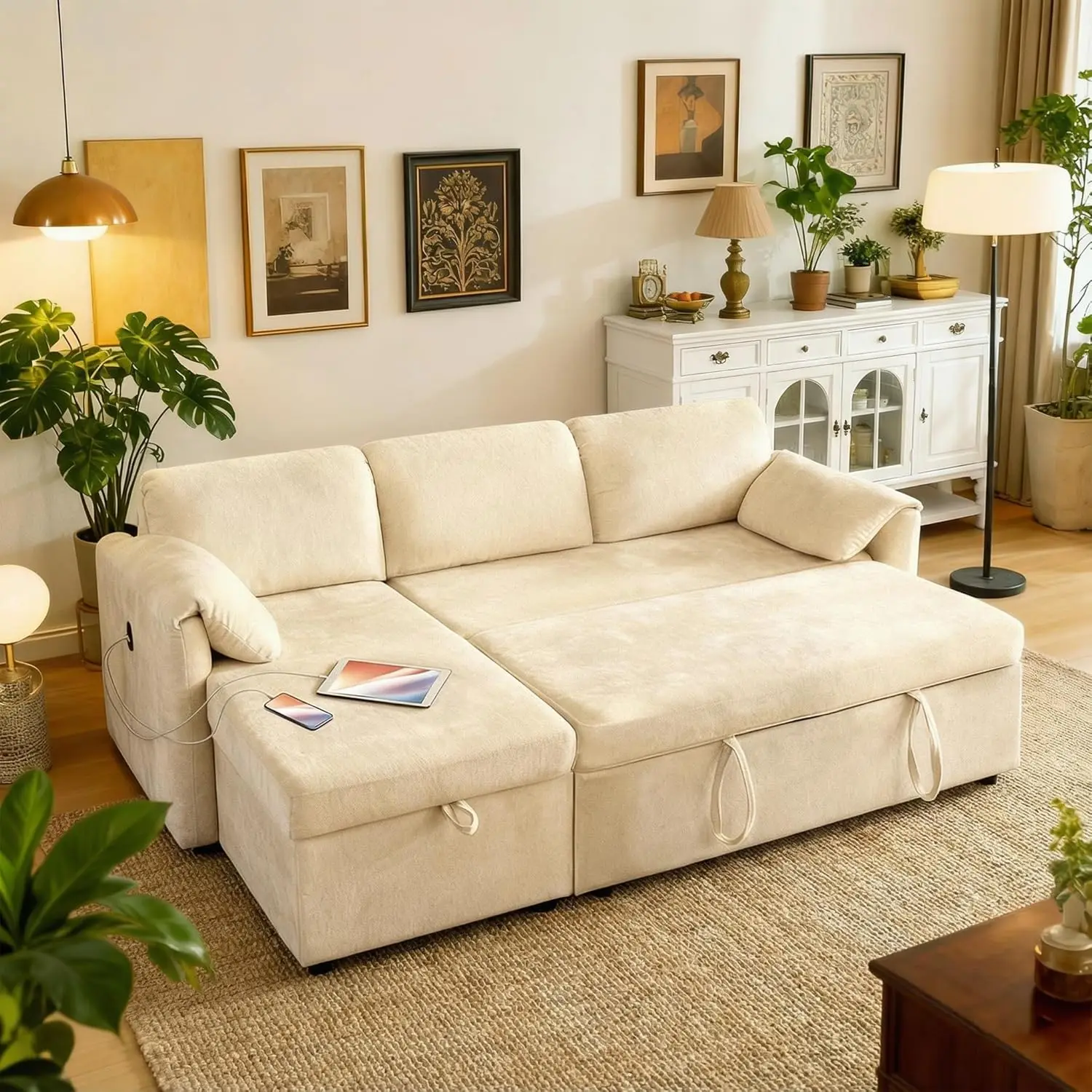 83'' 3 in 1 Sleeper Sofa Couch with USB & Storage Chaise, Cloud Sofa Bed with Pull Out Bed, Chenille Convertible, Custom