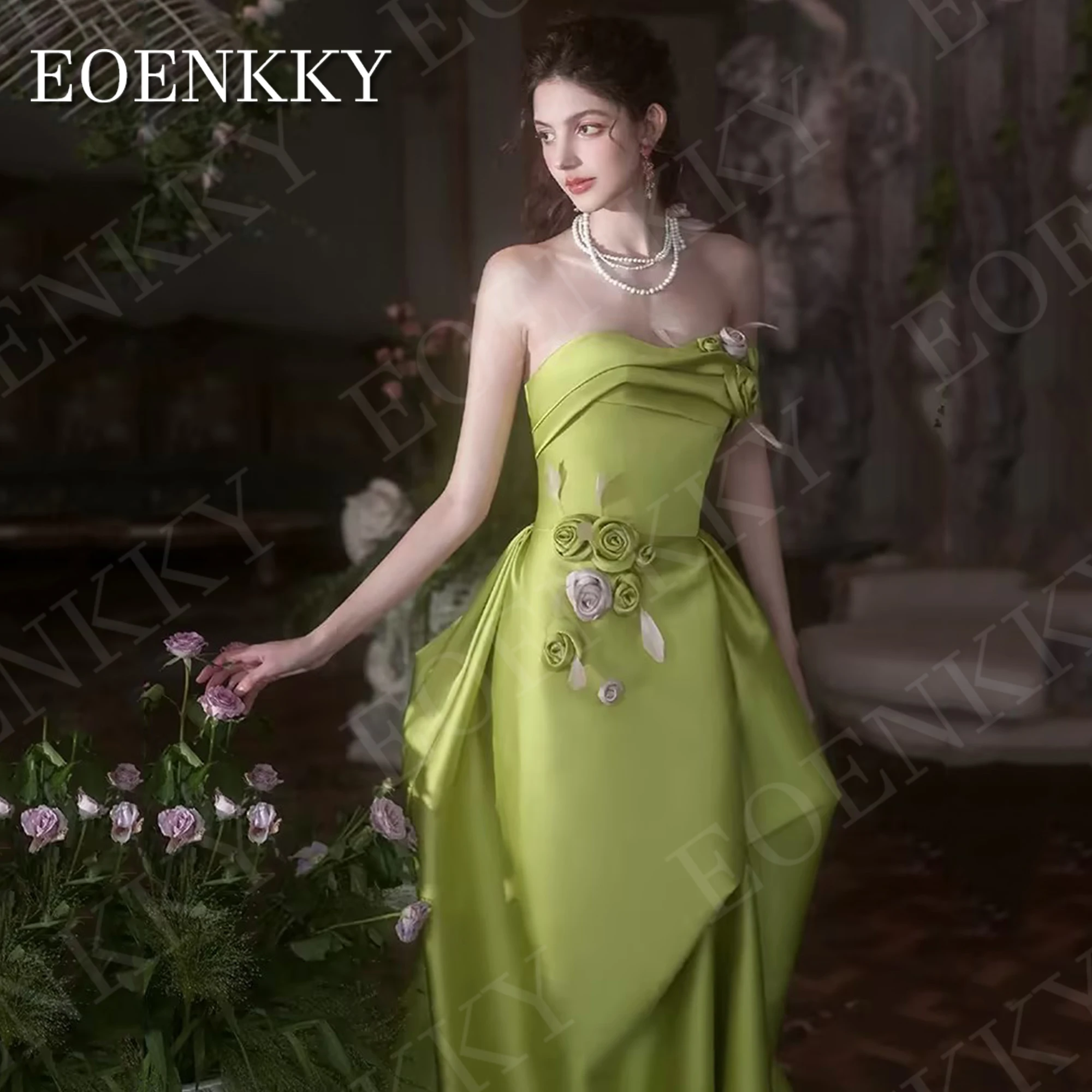 EOENKKY Elegant Satin Evening Dress Women Luxury 3D Flowers Prom Wedding Party Dresses Green A Line Backless فساتين سهره سعوديه