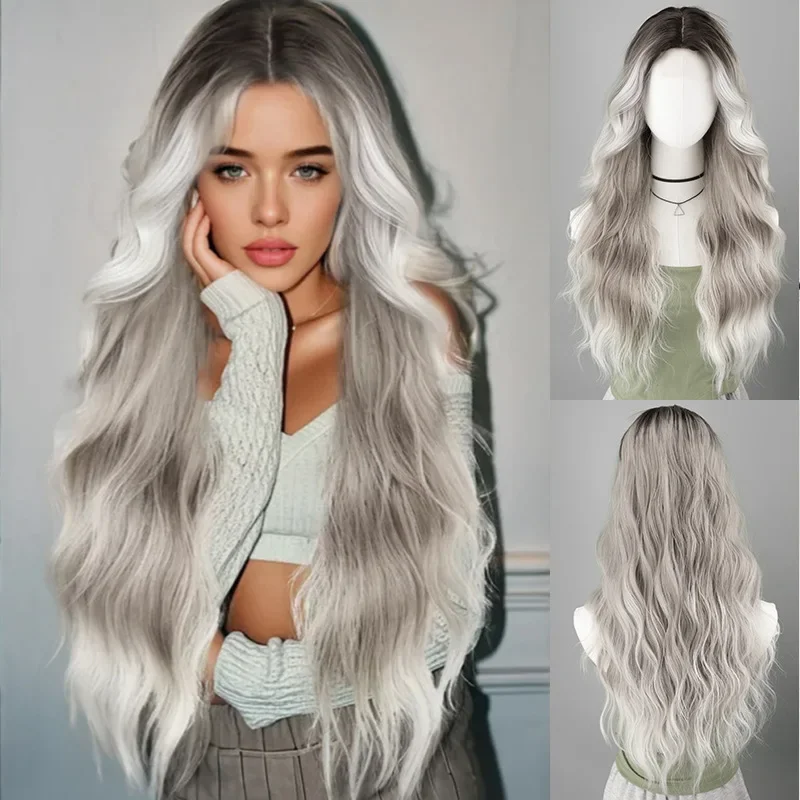 Graue Wasserwelligkeit mit Farbverlauf, langes lockiges Haar, synthetische Perücke aus Chemiefaser |   Hochwertige geschichtete Perücke |   Geeignet für den täglichen Gebrauch