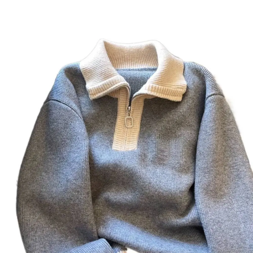 

Pink Knitted Long Sleeve Crew Neck Sweater Women Autumn Winter Thickened Loose Fashionable Versatile Top POLO Collar