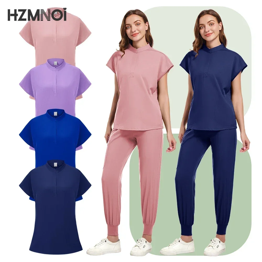 

Medical Nursing Scrubs Suit Women Blouse Short Sleeved Nurse Working Uniforms Solid Color Pet Veterinary Work Clothes Wholesale