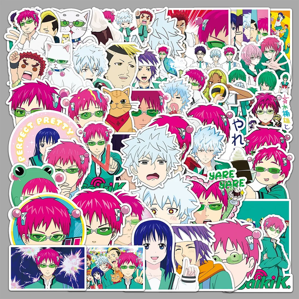 50 Stück Cartoon-Aufkleber „The Disastrous Life of Saiki K.“ aus PVC-Material, DIY-Aufkleber für Mobiltelefone, Notizbücher, Scrapbooks, wasserfeste Aufkleber
