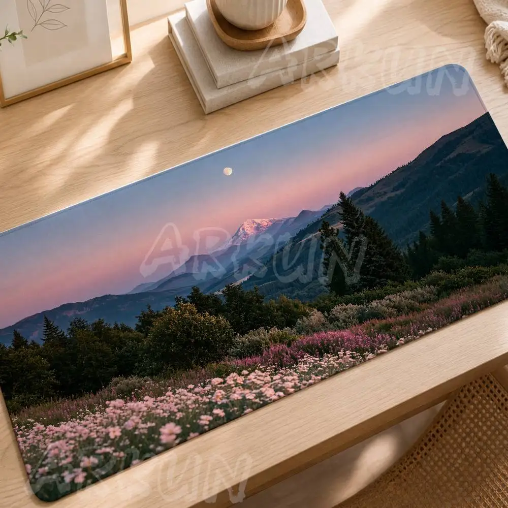 Mountain Wildflower Landscape Mouse Pad, Dusk Pink Sky Full Moon Forest Valley Scenery Desk Mat, Large Nature Scenic Desktop