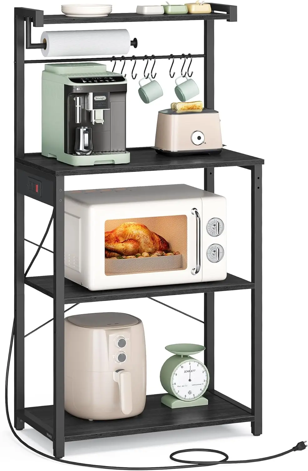 

Kitchen Bakers Rack with Power Outlet, 4-Tier Coffee Bar Stand, Adjustable Shelf, 8 S Hooks, Microwave Holder, Charcoal Gray