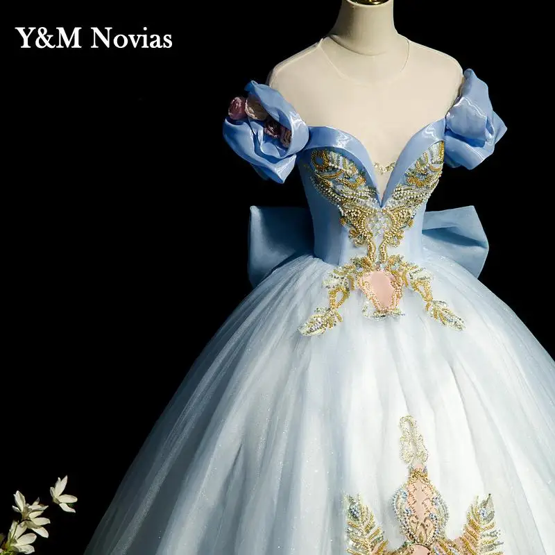 Y & m-vestido de quinceañera azul con lazo para fiesta, traje de baile con Tull brillante, 2020