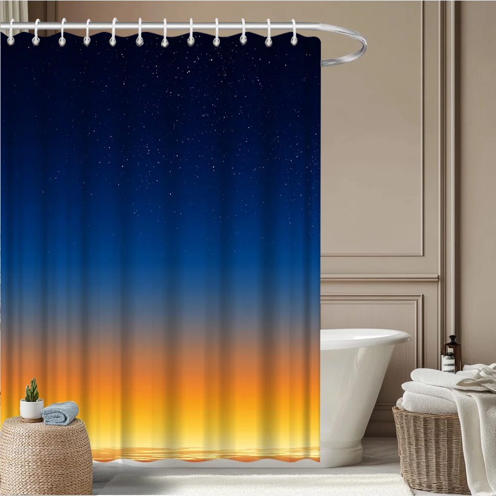 Sunset Ocean Gradient Shower Curtain – Navy to Amber Ombre, Wave Reflection, 2D Flat Print, Polyester, 12 Hook Holes
