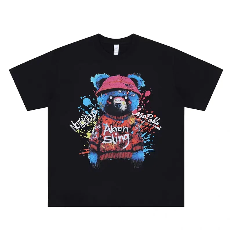 Graffiti splatter hip-hop bear cartoon print T Shirt Men Women T-shirt Top Tees