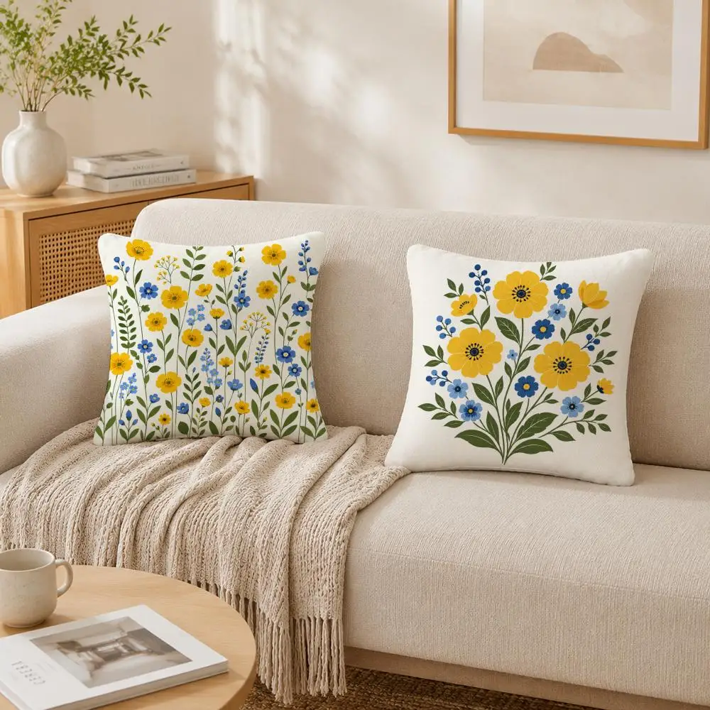 Yellow Blue Wildflower Pillow Case Double-Sided Plush Sofa Cushion Covers Organic Breathable Invisible Zipper