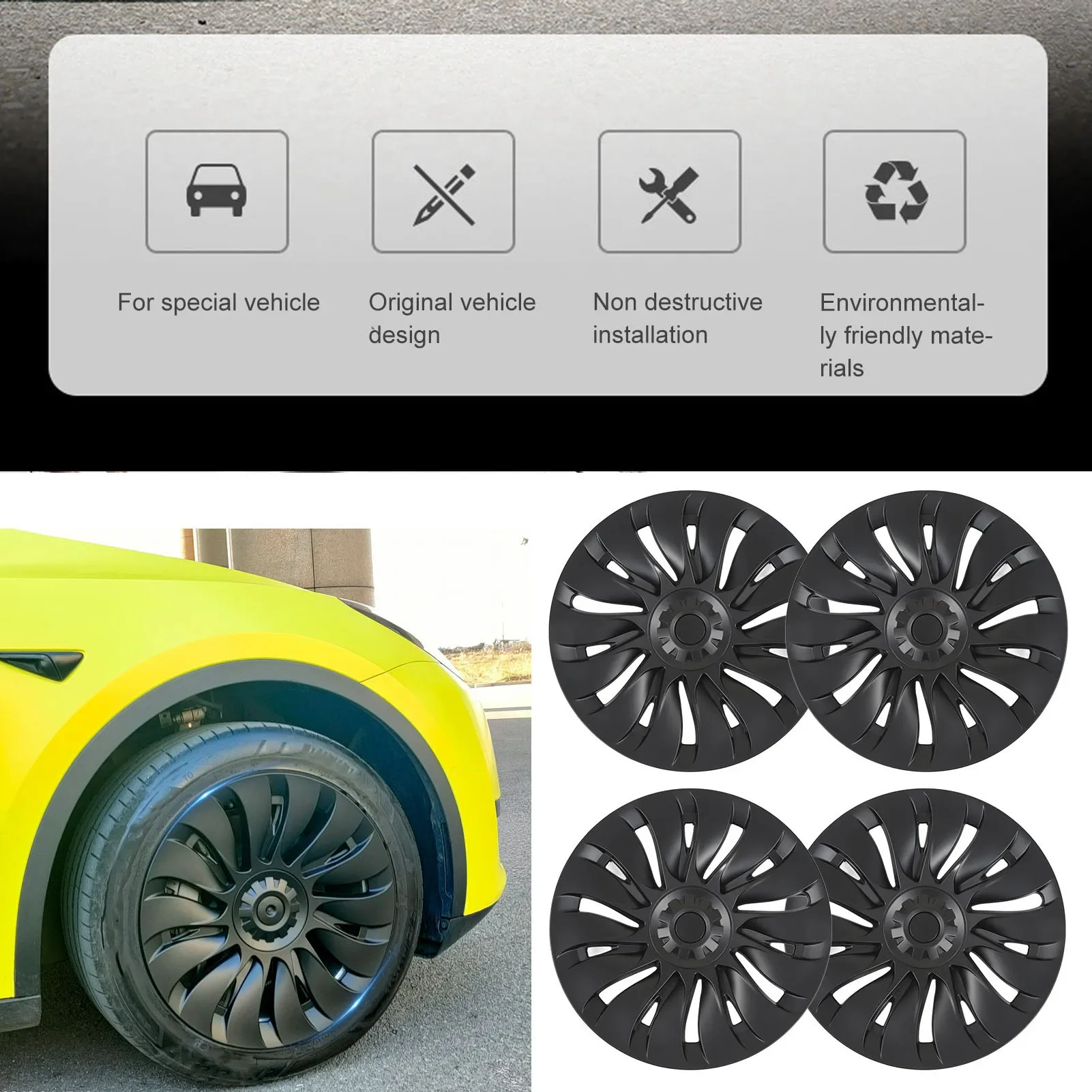 4 Pcs 18 Inch Wheel Hub Cap Matte Black Automobile Wheel Hub Fully Wrap Rim Protector Replacement for Tesla Model Y 2020 to 2023