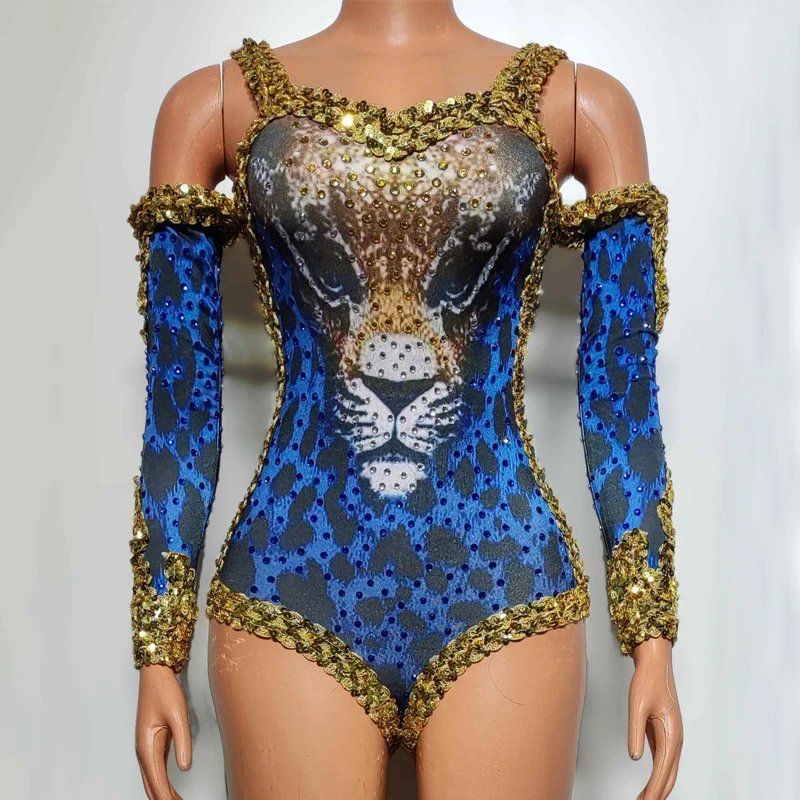 

Blue Gold Leopard Rhinestones Bodysuit Halloween Cosplay Stage Rave Outfit Women Dj Ds Performance Gogo Dance Costumes XS7539