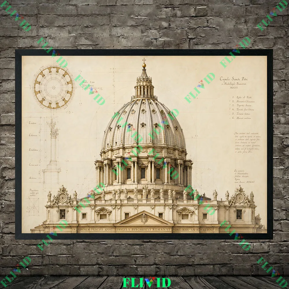 Renaissance Vintage Antique Technical Architecture Blueprint Canvas Poster,Classic European Cathedral Structural Sketch Print