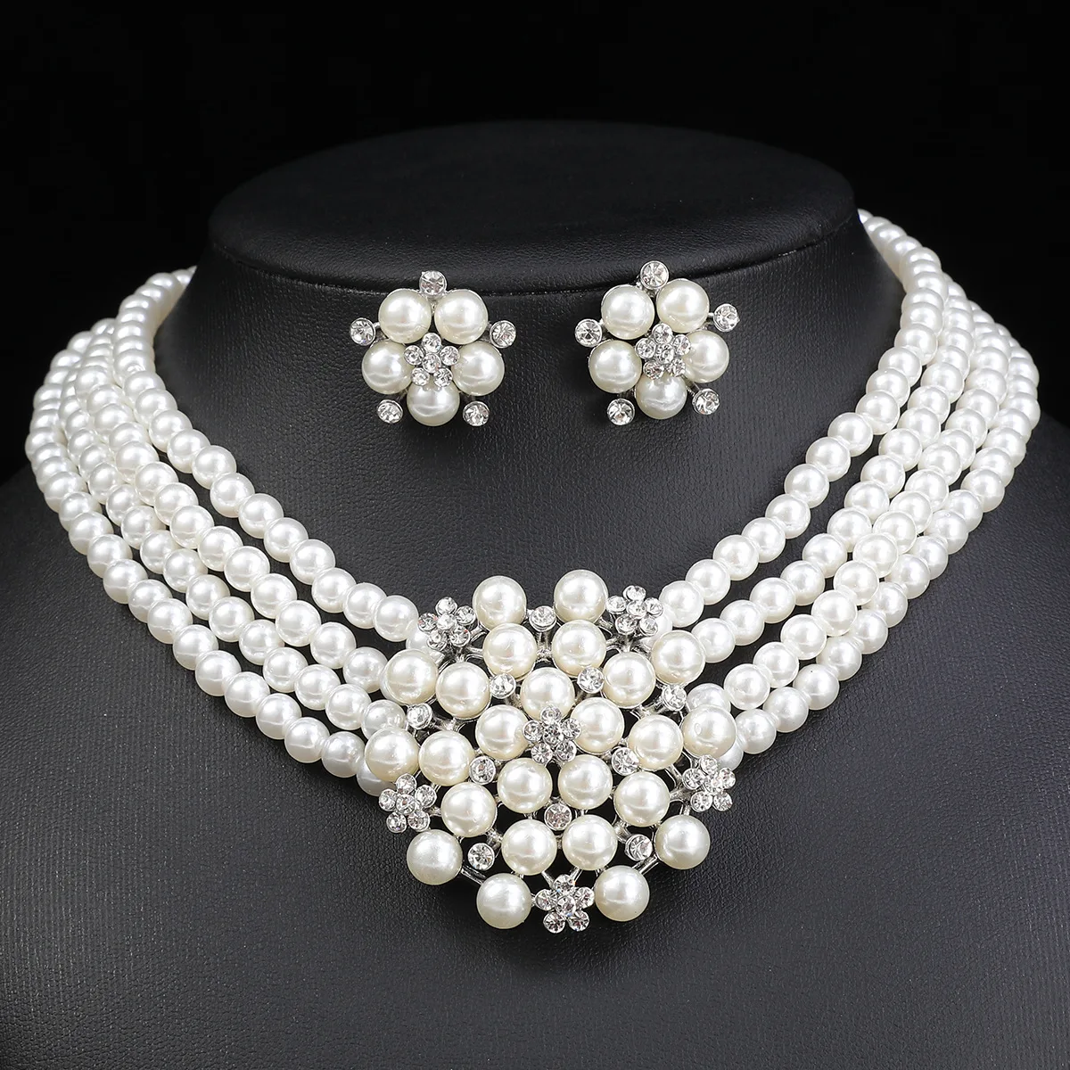 European and American court style multi-row pearl necklace earrings three-piece set