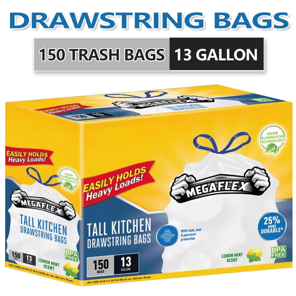 Xtratuff Tall Kitchen Drawstring Trash Bags 13 Gallon Trash Bag Lemon Mint Scent 150 Count Garbage Bags White Strong Rubbish Bag